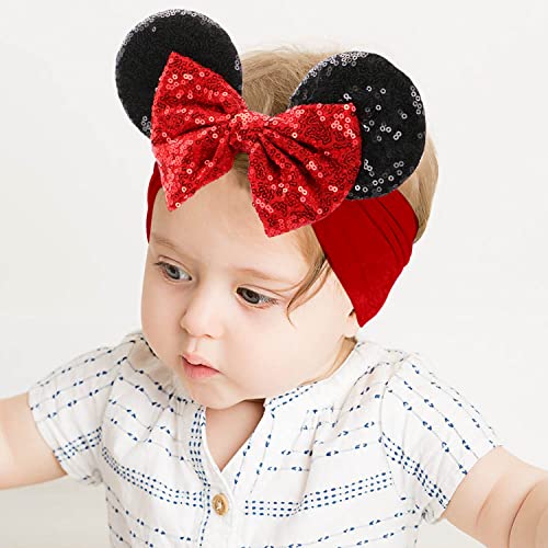 UHOMENY Baby Mouse Ears Headband Pink Velvet with Sequin Bows