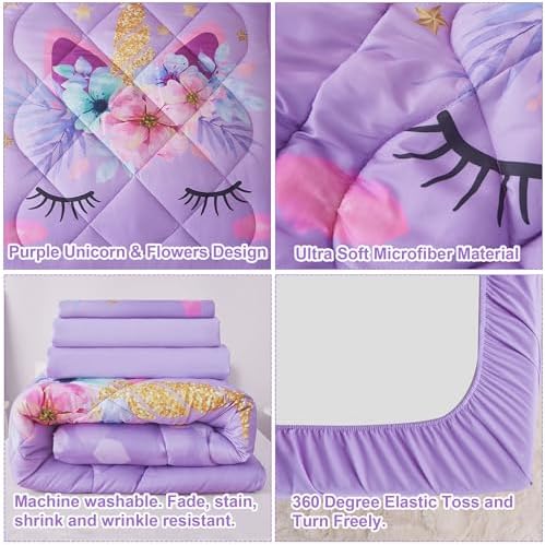 VIVILINEN Toddler Bedding Set Purple Unicorn 4 Piece