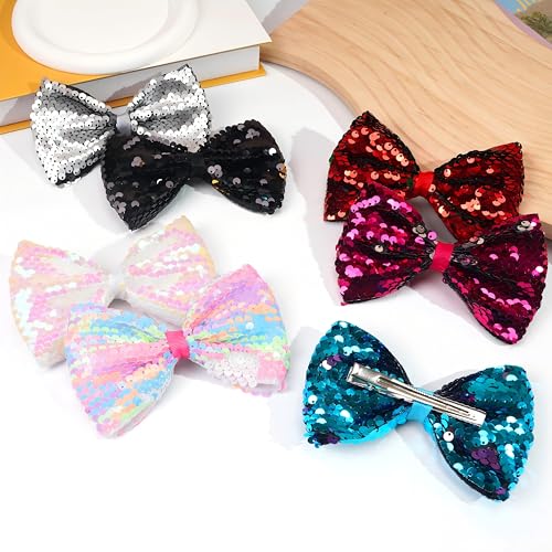 CLLOT 5 Inch Peacock Sequin Hair Bow Clips