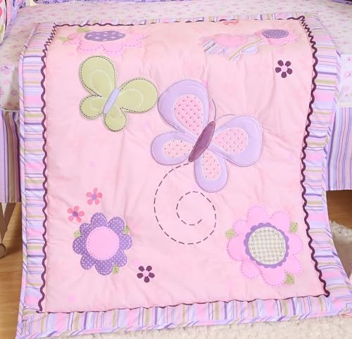 4 Piece Pink Butterfly Crib Bedding Set with Flowers