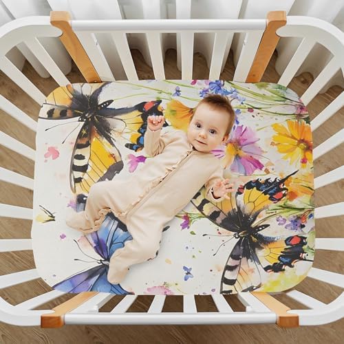 Qilmy Watercolor Butterflies Fitted Crib Sheet Soft Breathable