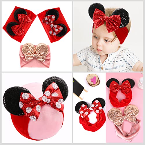 UHOMENY Baby Mouse Ears Headband Pink Velvet with Sequin Bows