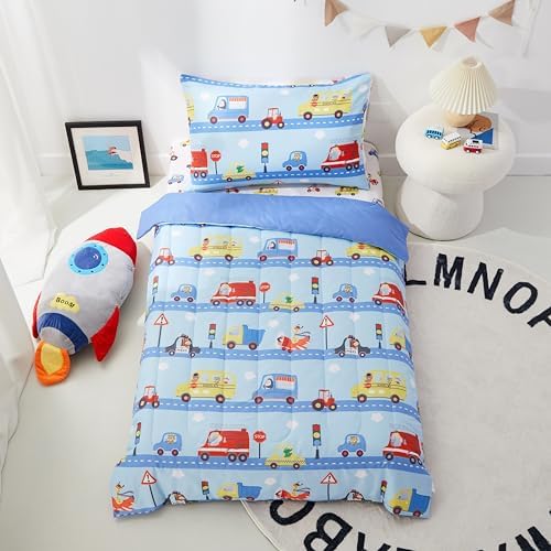 PINNKKU 4-Piece Toddler Bedding Set with Cars Road Design