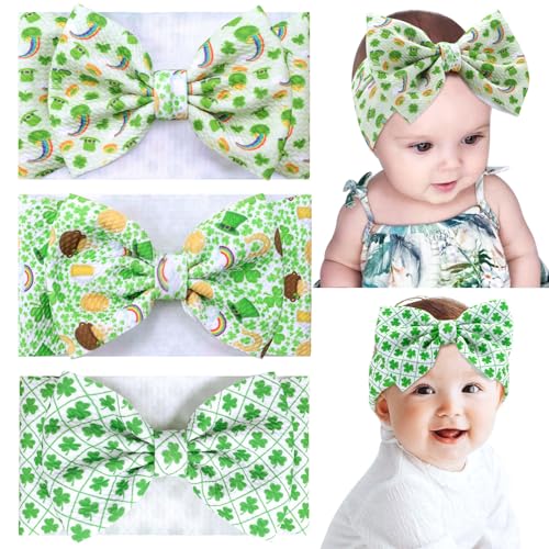 St Patricks Day Handmade Elastic Headbands for Babies - Green Clover Bow 3PCS