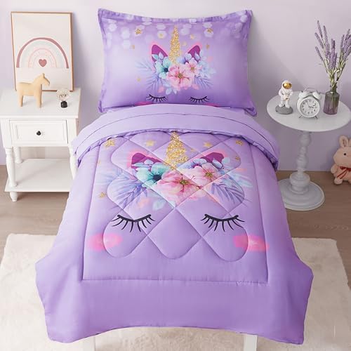 VIVILINEN Toddler Bedding Set Purple Unicorn 4 Piece
