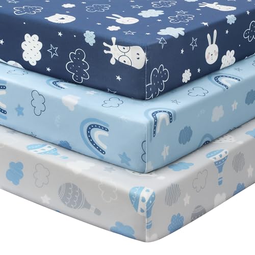 FIEMOL 3 Pack Crib Sheets Neutral Blue Cloud Animals Microfiber