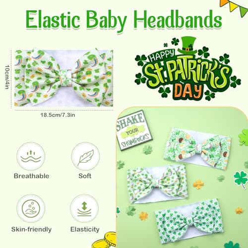 St Patricks Day Handmade Elastic Headbands for Babies - Green Clover Bow 3PCS