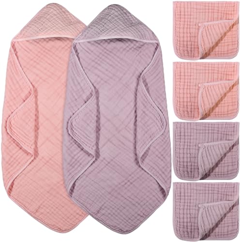 VitalCozy 6 Pcs Baby Muslin Hooded Towels Set Pink Rose