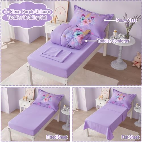 VIVILINEN Toddler Bedding Set Purple Unicorn 4 Piece