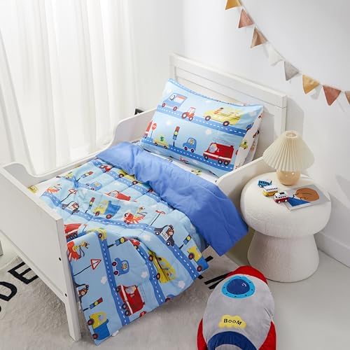 PINNKKU 4-Piece Toddler Bedding Set with Cars Road Design