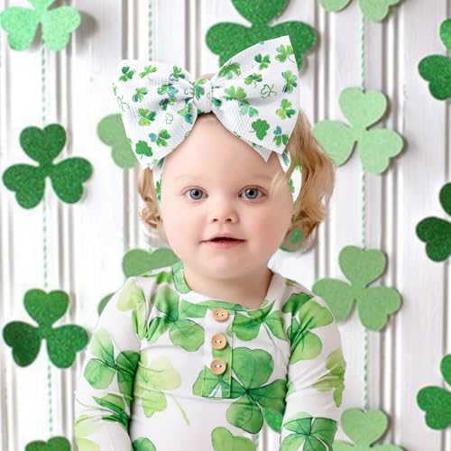 7 St Patricks Day Baby Bow Headband Green Shamrock