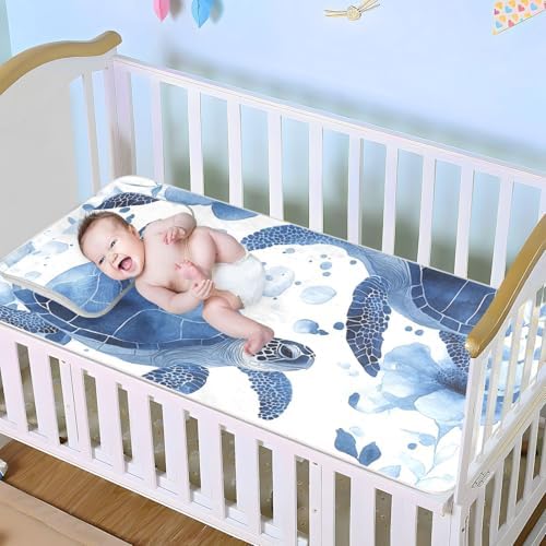 Blue Flower Cooling Baby Mattress Protector 28x52 Inch