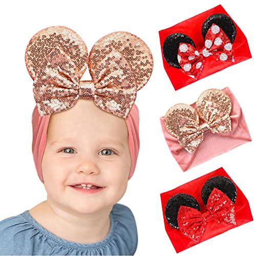 UHOMENY Baby Mouse Ears Headband Pink Velvet with Sequin Bows