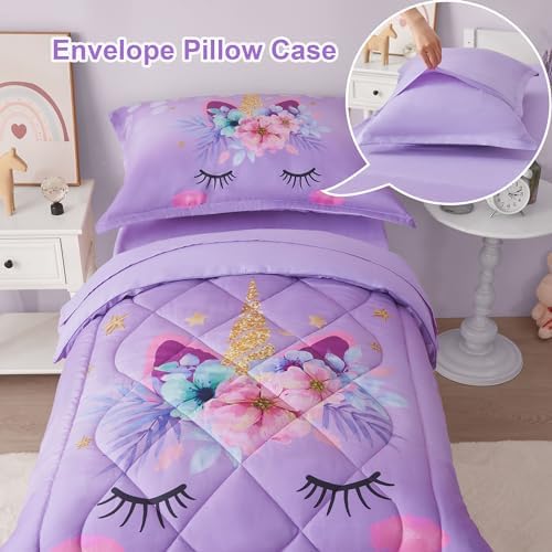 VIVILINEN Toddler Bedding Set Purple Unicorn 4 Piece