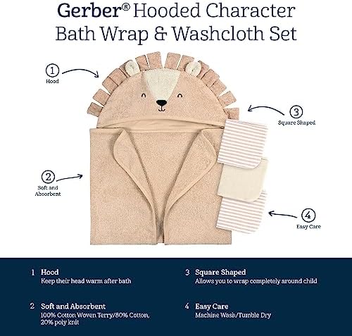 Gerber Baby Animal Hooded Towel Set Brown Lion One Size