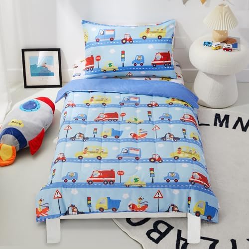 PINNKKU 4-Piece Toddler Bedding Set with Cars Road Design