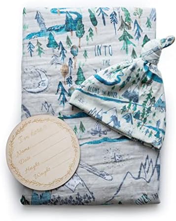 Miaoberry Organic Muslin Swaddle Blanket with Hat and Wooden Newborn Sign