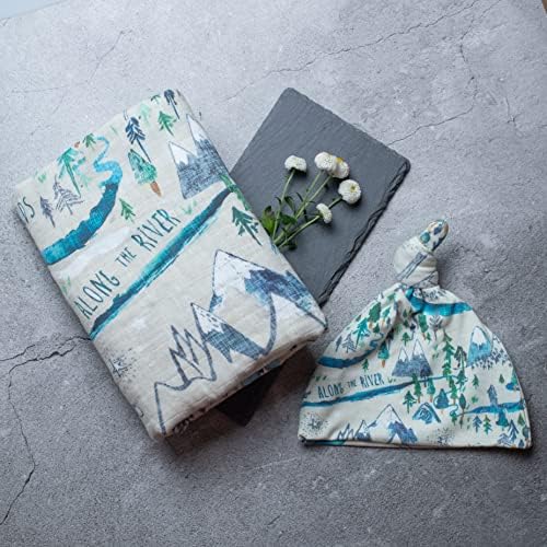 Miaoberry Organic Muslin Swaddle Blanket with Hat and Wooden Newborn Sign