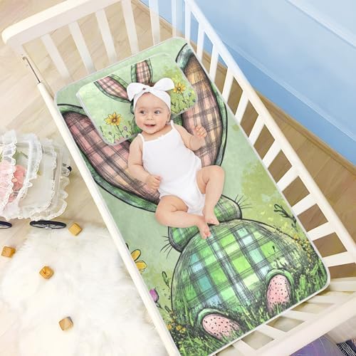 Cooling Plaid Bunny Ear Mattress Pad Cover for Baby Toddler 28x52