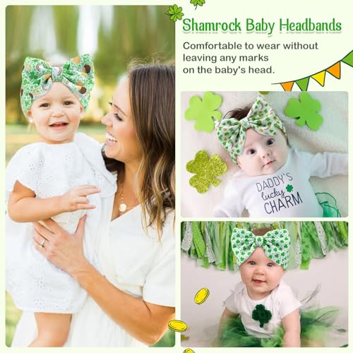 St Patricks Day Handmade Elastic Headbands for Babies - Green Clover Bow 3PCS