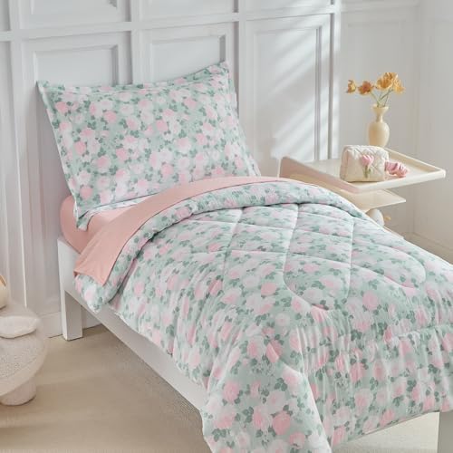 DuShow Toddler Girl Bedding Set 4pcs Green Floral Comforter Set