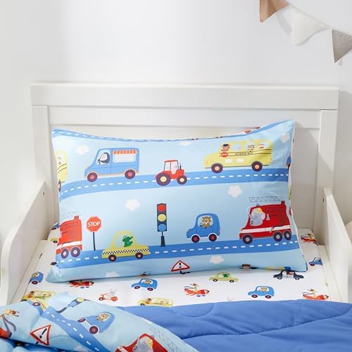 PINNKKU 4-Piece Toddler Bedding Set with Cars Road Design