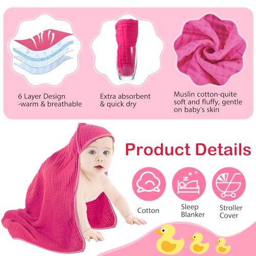 Peryiter 6 Pcs Hooded Muslin Baby Towels Pink