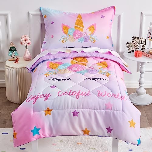 Wowelife Unicorn Toddler Bedding Set for Girls 4-Piece