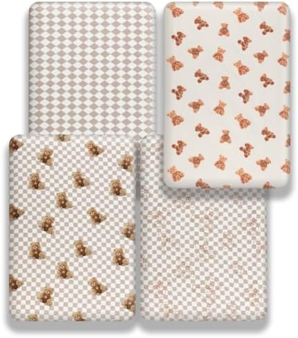FIGEPO Fitted Baby Neutral Crib Sheet Set with Bear and Buffalo Check Plaid
