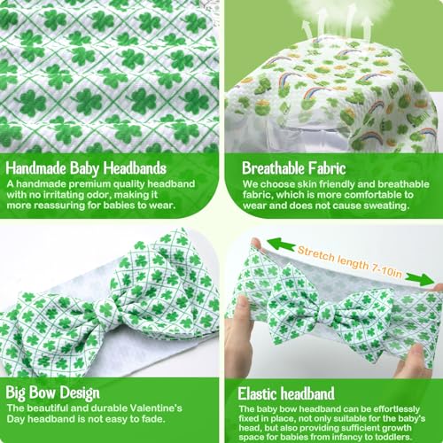 St Patricks Day Handmade Elastic Headbands for Babies - Green Clover Bow 3PCS