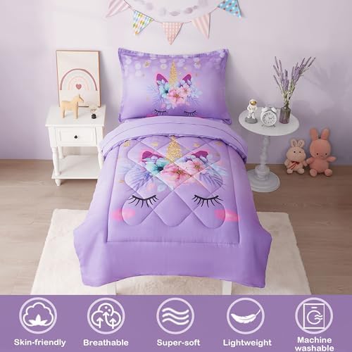 VIVILINEN Toddler Bedding Set Purple Unicorn 4 Piece