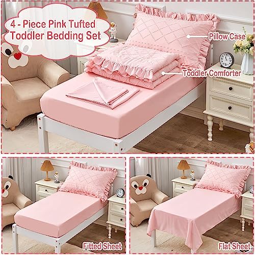 Pink Boho Tufted Toddler Bedding Set 4-Piece